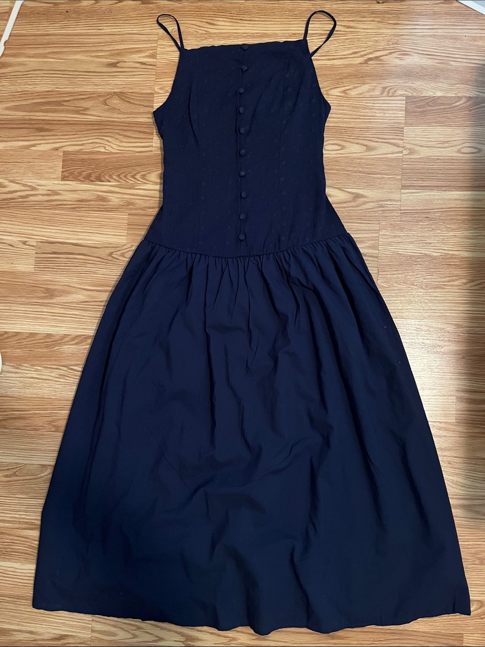 Drop Waist Navy Spaghetti-Strap Button Maxi Dress